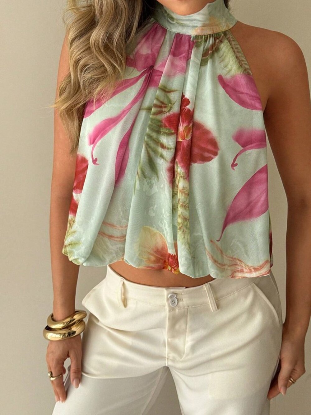 Multicolor Boho Women's Printed Mesh Halter Neck Top - Picture 4 of 6